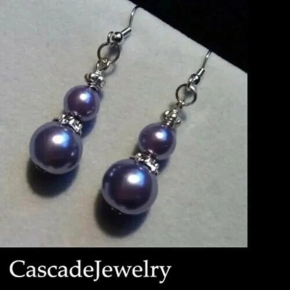 Handmade Long Glass Pearl Earrings Antiqued Silver Beads Lavender Purple - Picture 1 of 1